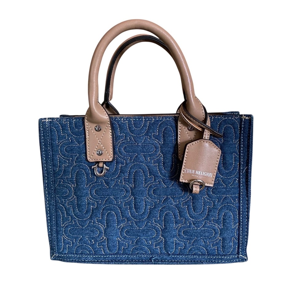 True Religion Buddha Pocket Denim Tote Bag Blue Quilted World Tour Handbag